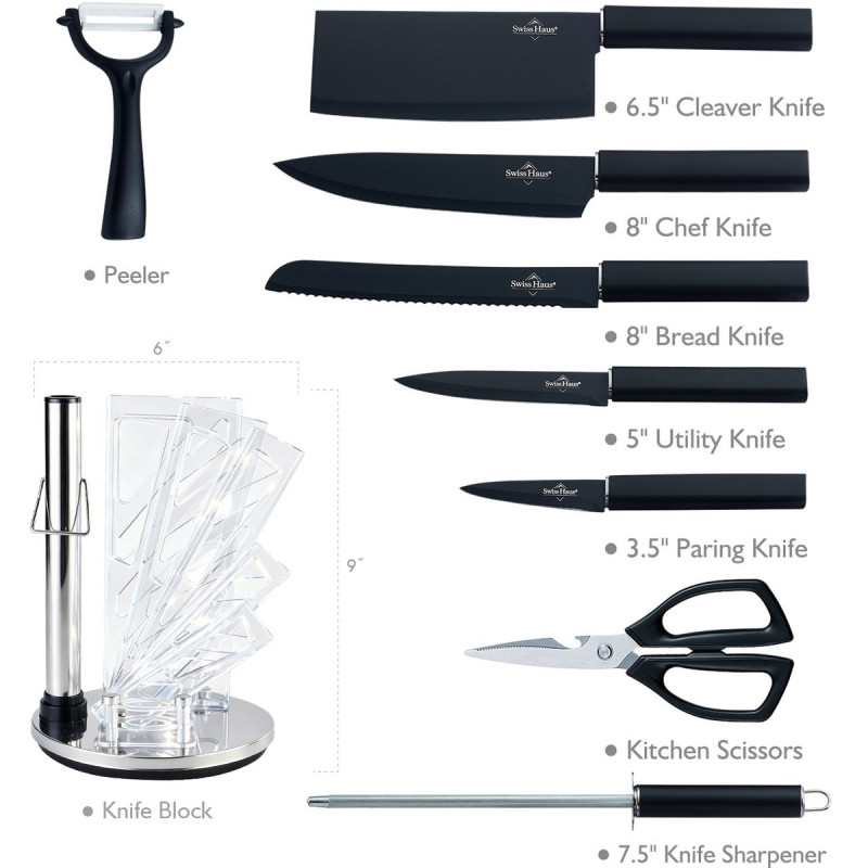 Set de cuțite cu suport Swiss Haus SH-KSL9B, 9 piese, mânere antiderapante, oțel inoxidabil, negru