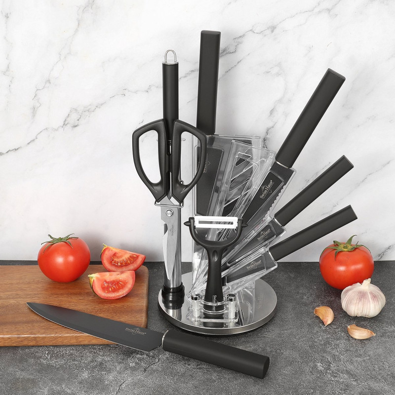 Set de cuțite cu suport Swiss Haus SH-KSL9B, 9 piese, mânere antiderapante, oțel inoxidabil, negru