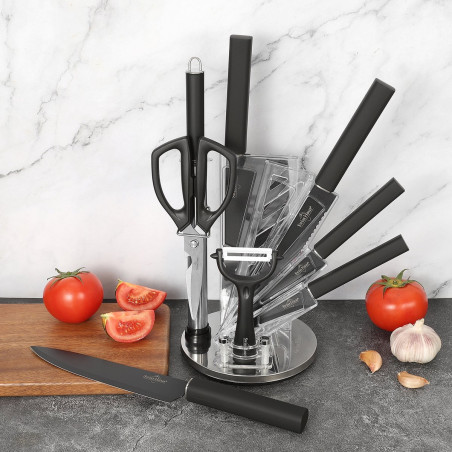 Set de cuțite cu suport Swiss Haus SH-KSL9B, 9 piese, mânere antiderapante, oțel inoxidabil, negru