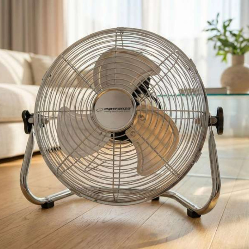 Ventilator de podea Esperanza EHF005, 50 W, 3 viteze, 30 cm, unghi de înclinare 90-270°, silențios, cu circulație a aerului, crom/metalic