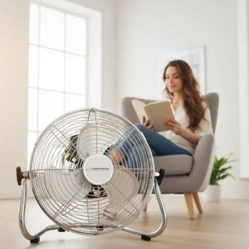 Ventilator de podea Esperanza EHF005, 50 W, 3 viteze, 30 cm, unghi de înclinare 90-270°, silențios, cu circulație a aerului, crom/metalic
