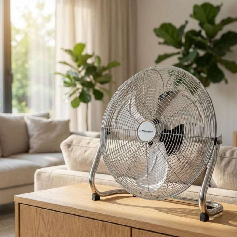 Ventilator de podea Esperanza EHF005, 50 W, 3 viteze, 30 cm, unghi de înclinare 90-270°, silențios, cu circulație a aerului, crom/metalic