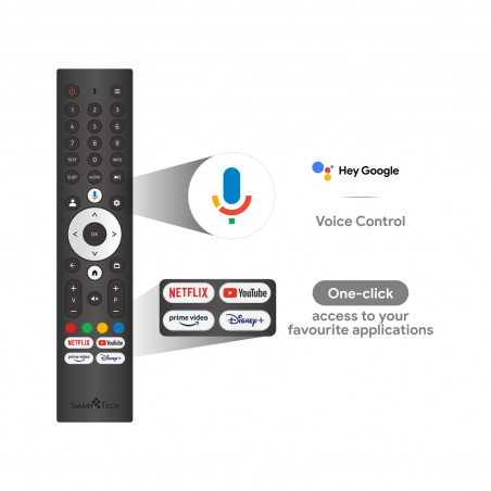 Televizor Smart Tech 43UW02V, 43″ (109 cm), 4K Ultra HD 3840 × 2160, clasa de eficiență energetică F, Smart TV, DLED, Wi-Fi, Bluetooth, Google TV, negru