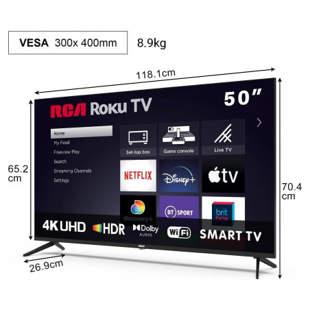 Televizor RCA RK50UN1, 50″ (125 cm), 3840×2160 UHD 4K, clasa de eficiență energetică F, Smart TV, HDR10, DLED, Wi-Fi, Bluetooth, sistem de operare Roku, negru.