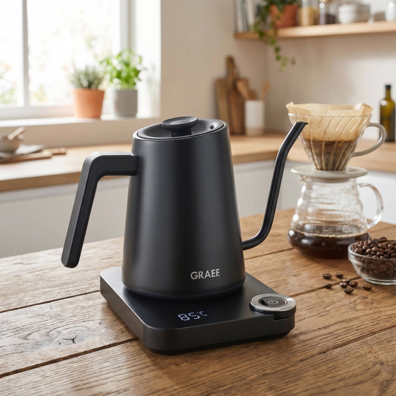 Fierbător electric Graef Pour-over GK502, 1200 W, 900 ml, 40-100 °C, funcție de menținere a căldurii, filtru, gura de scurgere tip „gât de lebădă”, negru mat