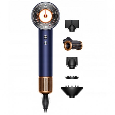 Uscator de par Dyson Supersonic Nural HD16 Prussian Blue/Rich Copper Straight+Wavy 122612-01, 1600 W, 3 viteze, 4 temperaturi, Ioni negativi, 5 accesorii, Protectie pentru scalp, Albastru/Cupru