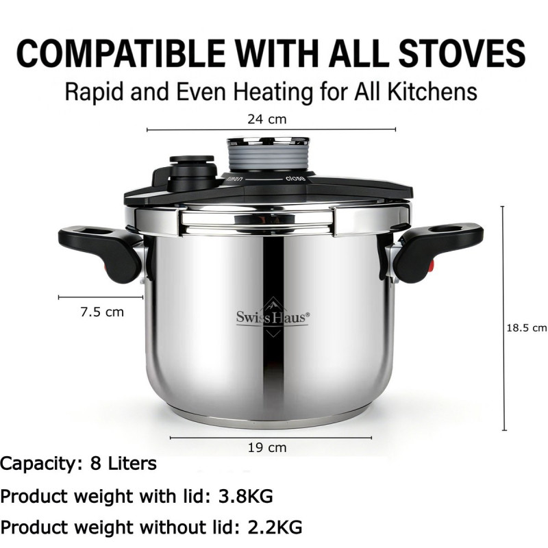 Oala sub presiune Swiss Haus SH-PCA8L, 8 l, 24 x 18,6 cm, 100 kPa, Otel inoxidabil, Fara PFAS, Fnd cu 3 straturi, Inductie, Argintiu