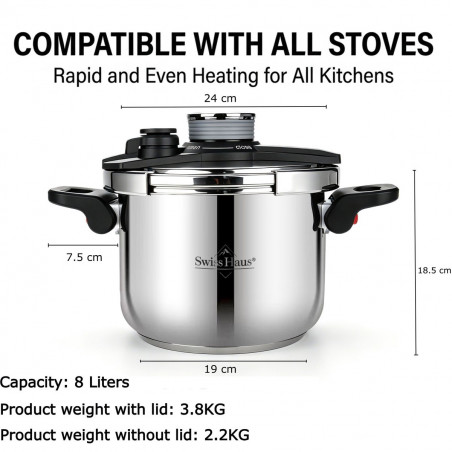 Oala sub presiune Swiss Haus SH-PCA8L, 8 l, 24 x 18,6 cm, 100 kPa, Otel inoxidabil, Fara PFAS, Fnd cu 3 straturi, Inductie, Argintiu