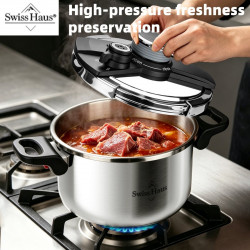 Oala sub presiune Swiss Haus SH-PCA8L, 8 l, 24 x 18,6 cm, 100 kPa, Otel inoxidabil, Fara PFAS, Fnd cu 3 straturi, Inductie, Argintiu