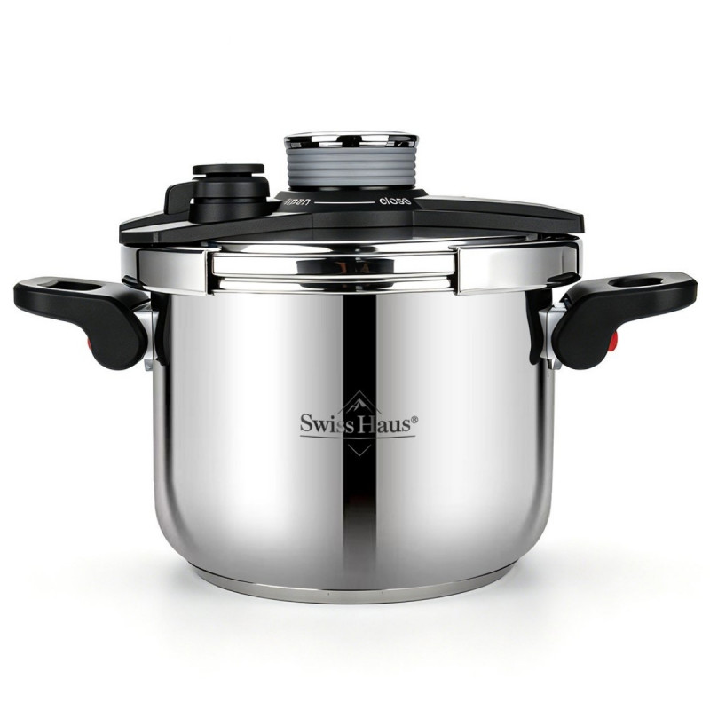 Oala sub presiune Swiss Haus SH-PCA8L, 8 l, 24 x 18,6 cm, 100 kPa, Otel inoxidabil, Fara PFAS, Fnd cu 3 straturi, Inductie, Argintiu
