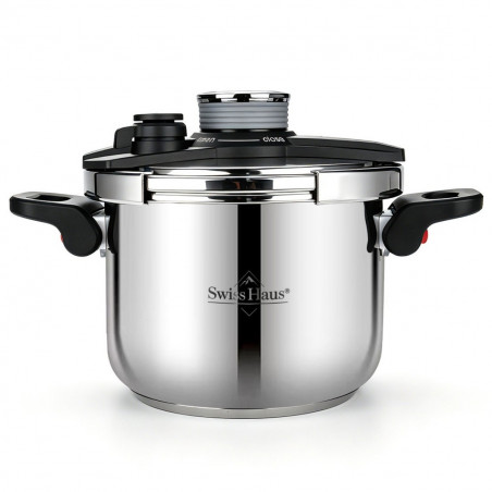 Oala sub presiune Swiss Haus SH-PCA8L, 8 l, 24 x 18,6 cm, 100 kPa, Otel inoxidabil, Fara PFAS, Fnd cu 3 straturi, Inductie, Argintiu