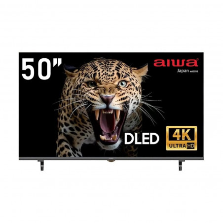 Televizor AIWA TS-501N de 50″ (127 cm), 4K Ultra HD (3840 × 2160), clasa F, cu tehnologie DLED, Wi-Fi, Bluetooth și sistem de operare TizenOS, negru.