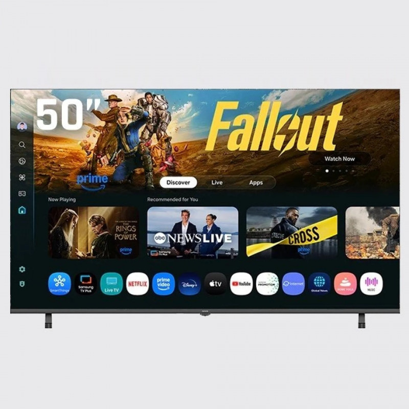 Televizor AIWA TS-501N de 50″ (127 cm), 4K Ultra HD (3840 × 2160), clasa F, cu tehnologie DLED, Wi-Fi, Bluetooth și sistem de operare TizenOS, negru.