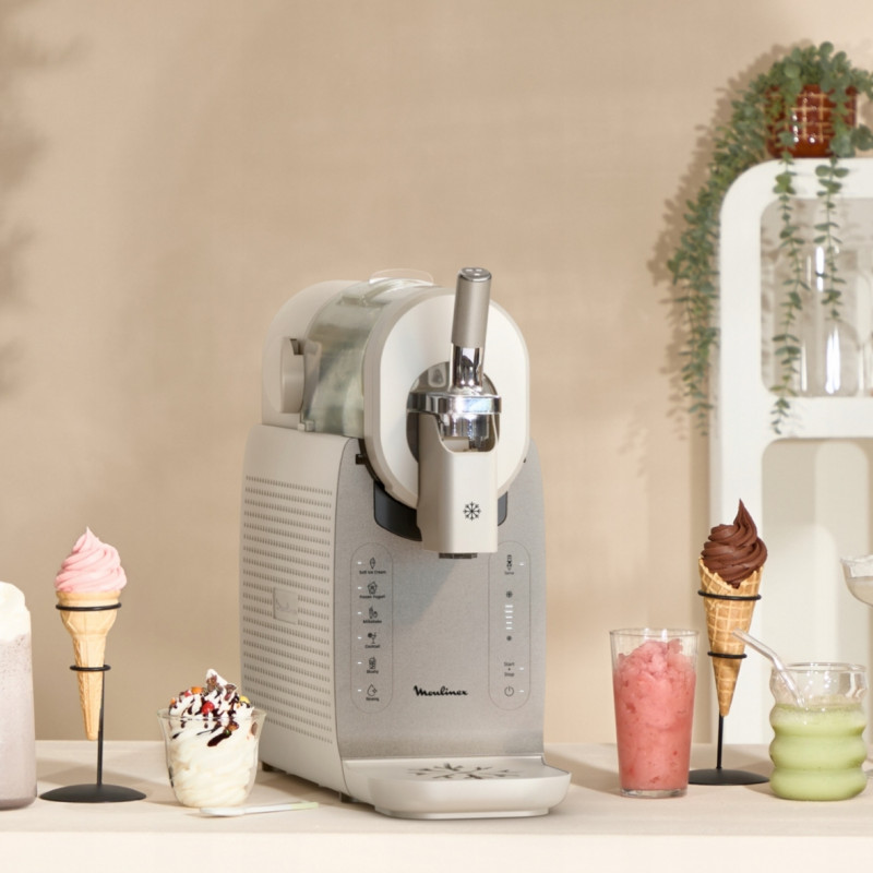 Aparat de înghețată 16-în-1 Tefal Freezi IG803AE0, 200 W, 1,4 l, 5 programe automate, funcționare silențioasă, fără congelare prealabilă, alb/argintiu