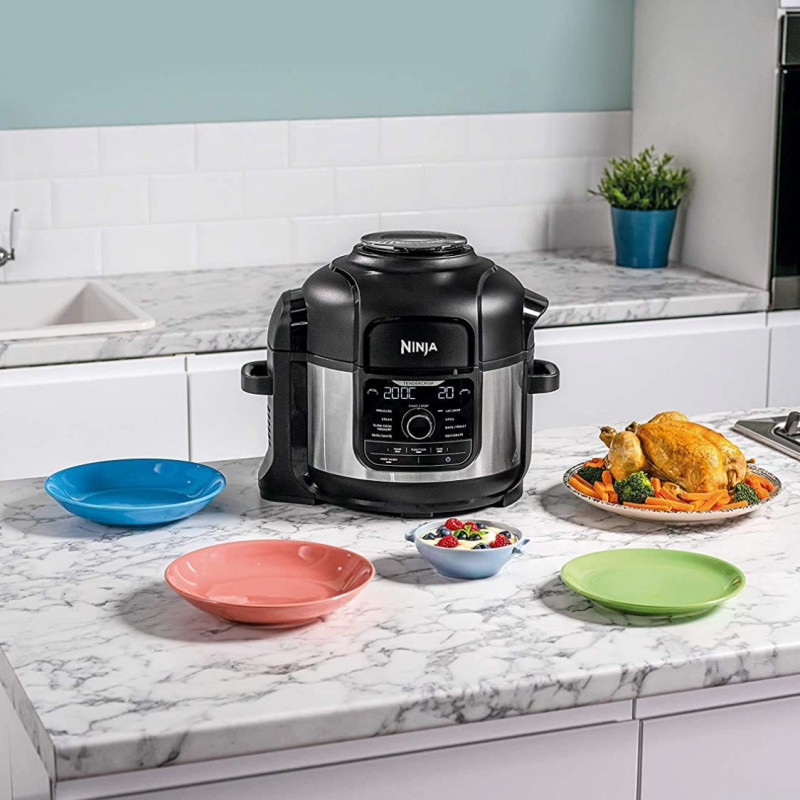 Multicooker sub presiune Ninja Foodi OP350FR, 1400 W, 6 l, 9 programe, 40-200 °C, TenderCrisp®, Acoperire ceramică, Menținerea căldurii, Pui întreg, Negru/inoxidabil