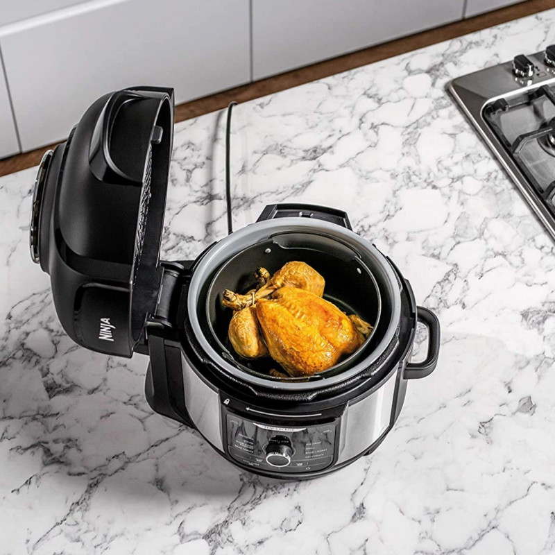 Multicooker sub presiune Ninja Foodi OP350FR, 1400 W, 6 l, 9 programe, 40-200 °C, TenderCrisp®, Acoperire ceramică, Menținerea căldurii, Pui întreg, Negru/inoxidabil