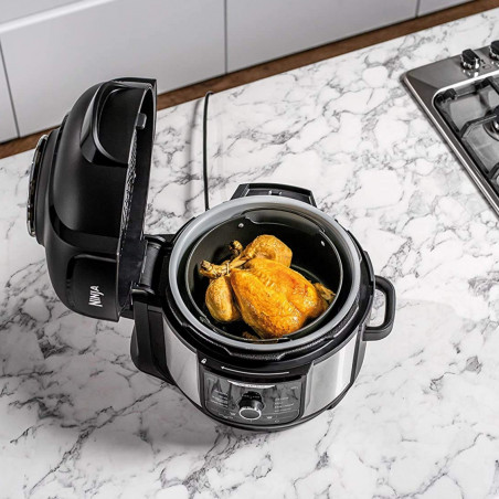 Multicooker sub presiune Ninja Foodi OP350FR, 1400 W, 6 l, 9 programe, 40-200 °C, TenderCrisp®, Acoperire ceramică, Menținerea căldurii, Pui întreg, Negru/inoxidabil