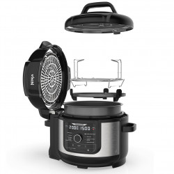 Multicooker sub presiune Ninja Foodi OP350FR, 1400 W, 6 l, 9 programe, 40-200 °C, TenderCrisp®, Acoperire ceramică, Menținerea căldurii, Pui întreg, Negru/inoxidabil