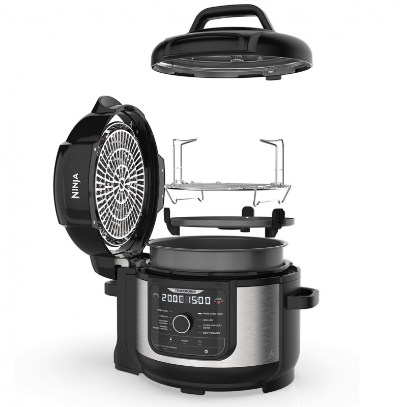 Multicooker sub presiune Ninja Foodi OP350FR, 1400 W, 6 l, 9 programe, 40-200 °C, TenderCrisp®, Acoperire ceramică, Menținerea căldurii, Pui întreg, Negru/inoxidabil