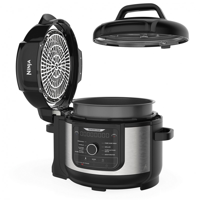Multicooker sub presiune Ninja Foodi OP350FR, 1400 W, 6 l, 9 programe, 40-200 °C, TenderCrisp®, Acoperire ceramică, Menținerea căldurii, Pui întreg, Negru/inoxidabil