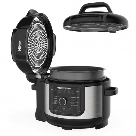 Multicooker sub presiune Ninja Foodi OP350FR, 1400 W, 6 l, 9 programe, 40-200 °C, TenderCrisp®, Acoperire ceramică, Menținerea căldurii, Pui întreg, Negru/inoxidabil