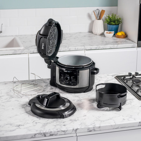 Multicooker sub presiune Ninja Foodi OP350FR, 1400 W, 6 l, 9 programe, 40-200 °C, TenderCrisp®, Acoperire ceramică, Menținerea căldurii, Pui întreg, Negru/inoxidabil