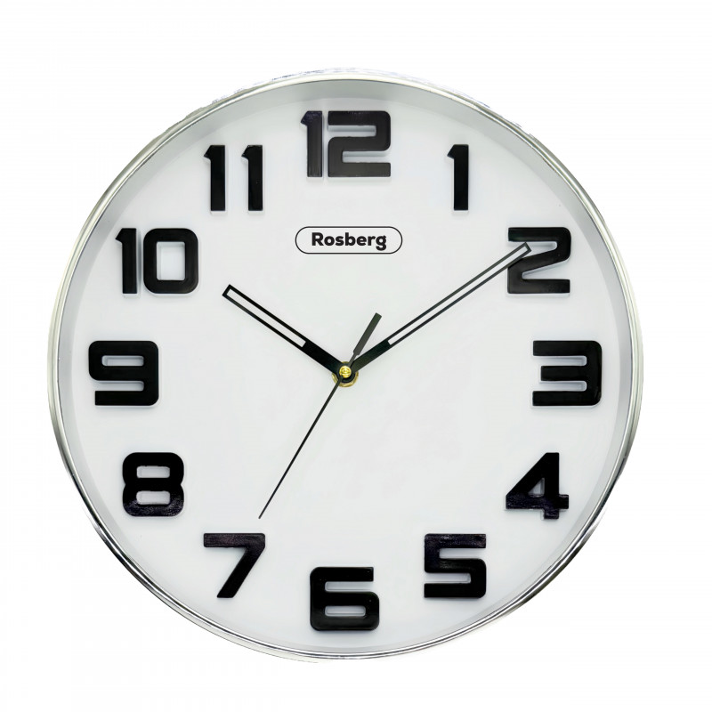 Ceas de perete Rosberg R59998A, 30 cm, Cifre mari, Mecanism silentios, Rotund, Argintiu