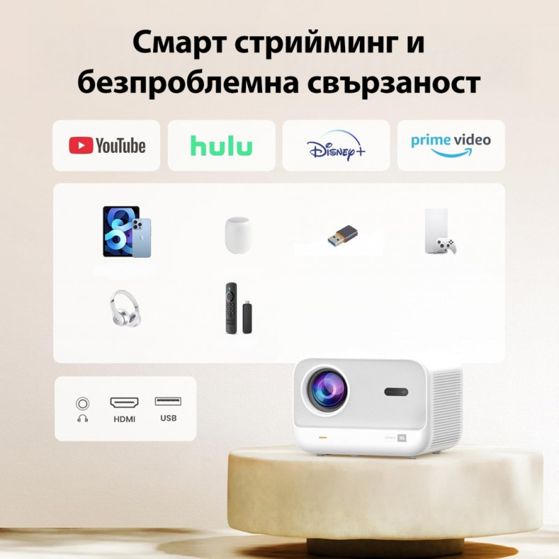 Proiector video Yaber L2s Plus, 1080P Full HD, 40–150″, Wi-Fi, Bluetooth, 2×8 W, 460 lumeni ISO, focalizare automată, bej