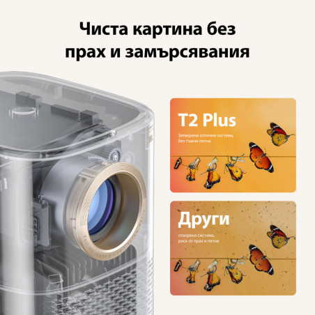 Proiector video Yaber T2 Plus, 1080P Full HD, 40–120″, Wi-Fi 6, Bluetooth 5, sistem audio JBL Dolby de 2×8 W, 350 lumeni ISO, focalizare automată, bej