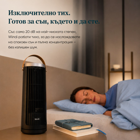 Ventilator portabil tip turn Levoit Windi Mini, 7,5 W, 5 trepte de viteză, oscilație, temporizator, telecomandă, negru