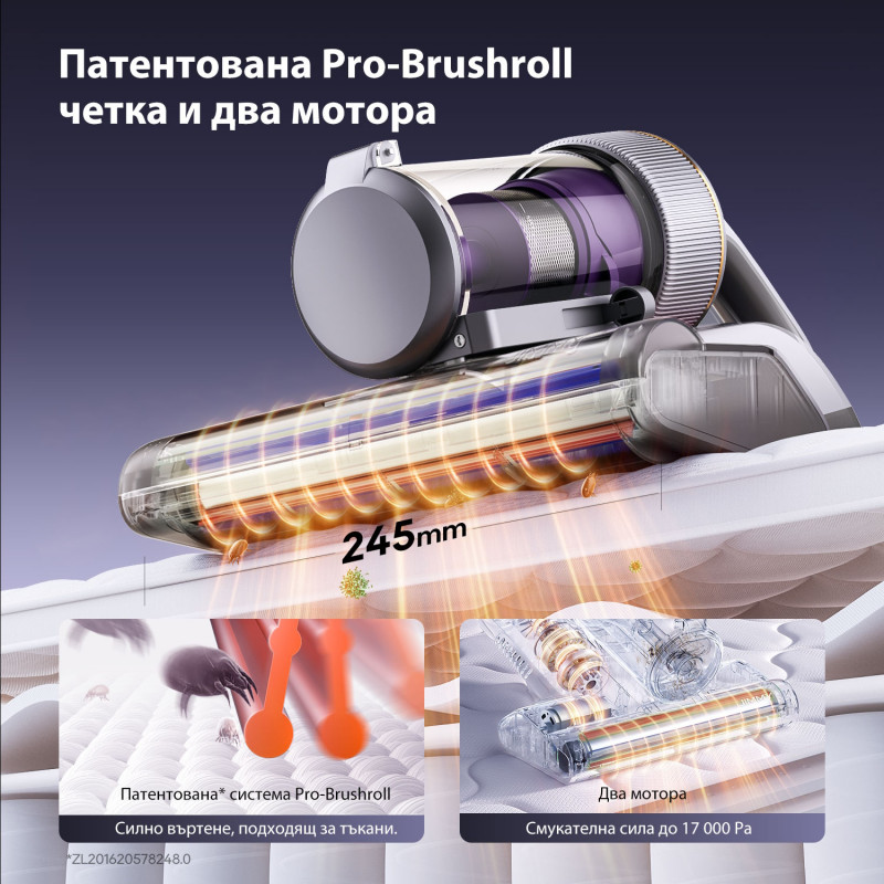 Aspirator anti-acarieni Jimmy BX8 Pro, 600 W, 0,5 l, 17 kPa, Pro-Brushroll, Sterilizare prin încălzire la 65 °C, Ultrasunete, UV, Ioni negativi, Filtrare în 6 etape, Gri/Violet