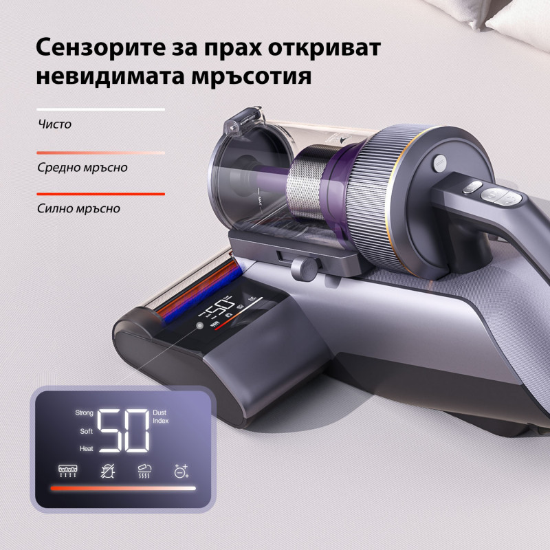Aspirator anti-acarieni Jimmy BX8 Pro, 600 W, 0,5 l, 17 kPa, Pro-Brushroll, Sterilizare prin încălzire la 65 °C, Ultrasunete, UV, Ioni negativi, Filtrare în 6 etape, Gri/Violet