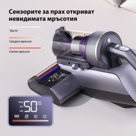 Aspirator anti-acarieni Jimmy BX8 Pro, 600 W, 0,5 l, 17 kPa, Pro-Brushroll, Sterilizare prin încălzire la 65 °C, Ultrasunete, UV, Ioni negativi, Filtrare în 6 etape, Gri/Violet