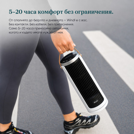 Ventilator portabil tip turn Levoit Windi Mini Plus, 7,5 W, 5 trepte de viteză, autonomie de până la 20 de ore, oscilație, temporizator, telecomandă, alb/negru