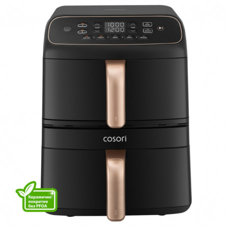 Friteuză cu aer cald Cosori Turbo Tower Compact CAF-DC861, 2630 W, 2 x 4,3 l, 40-230 °C, 5 programe, acoperire ceramică, sincronizare, negru/aur roz