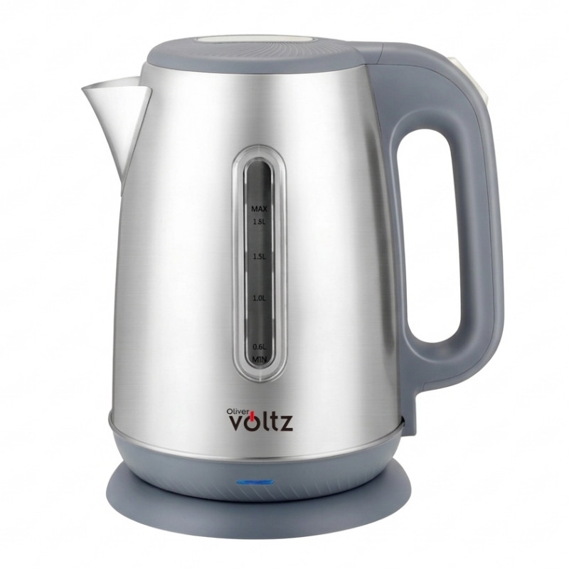 Cana electrica Oliver Voltz OV51230AC, 2200 W, 1,8 l, Baza rotativa la 360°, Carcasa din otel inoxidabil, Argintiu