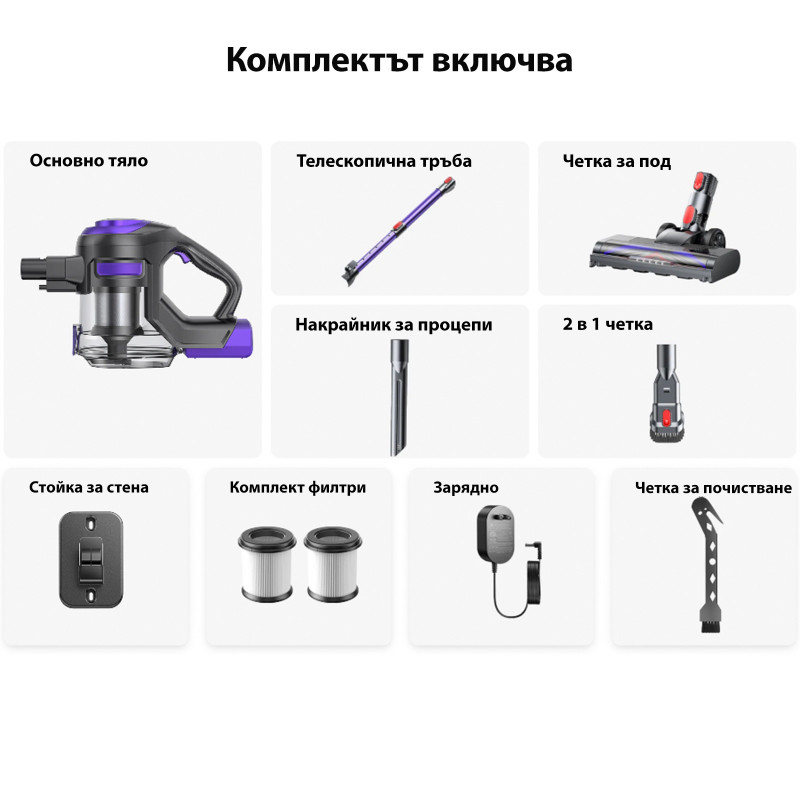 Aspirator vertical Yaber L10, 170 W, 0,6 l, 80 000 rpm, 35 min, 2 trepte de putere, Filtru HEPA, Iluminare LED a periei, Violet/Gri