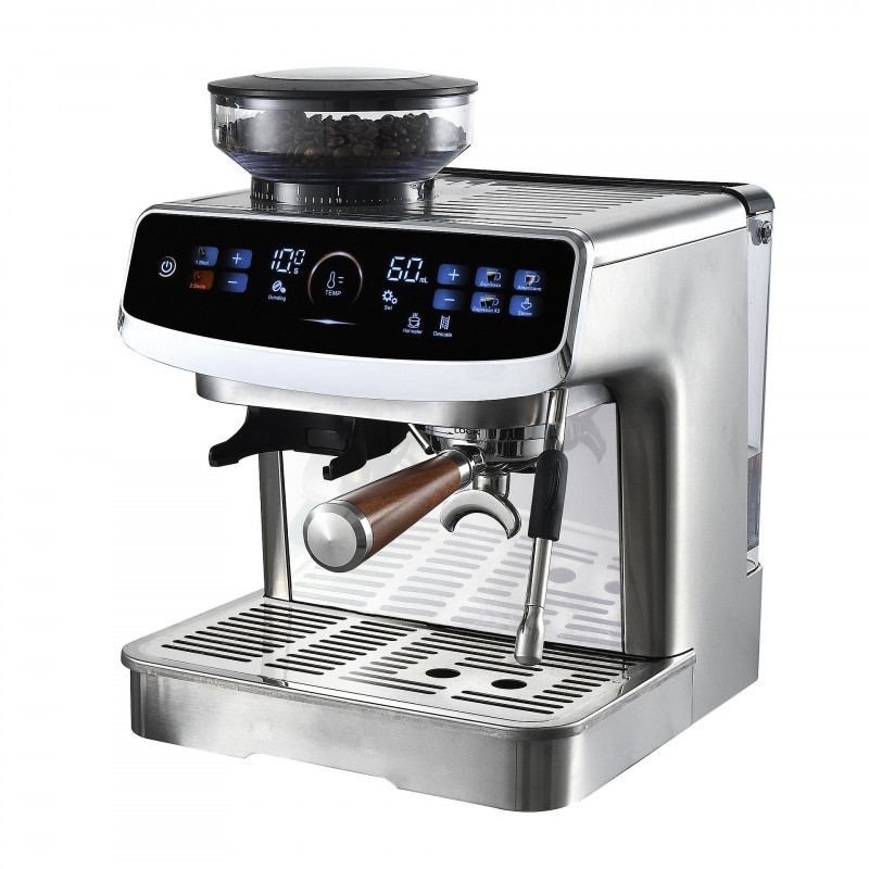 La mâna a doua: Espressor manual cu rasnita incorporata Finlux FEM-1935D, 2450W, Pompa italiana ULKA 20 bar, 2.2 Ș, 250 g, Cafea boabe si macinata, Spumare lapte, Ecran tactil, Inox