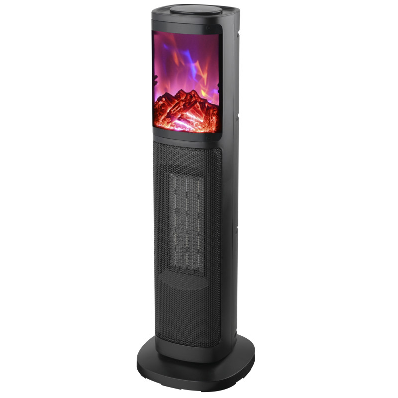 Aeroterma ceramica coloana PTC Rosberg R51970IF, 1500W, 8 m², 2 trepte, Efect de flacara, Oscilatie, Telecomanda, Negru