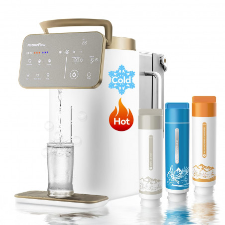Sistem de purificare a apei NatureFlow Y6 Ultra, 5 litri, apă caldă și rece, filtrare în 10 etape, osmoză inversă, alb/auriu