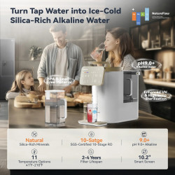 Sistem de purificare a apei NatureFlow Y6 Ultra, 5 litri, apă caldă și rece, filtrare în 10 etape, osmoză inversă, alb/auriu
