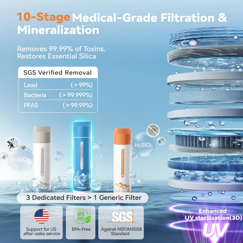 Sistem de purificare a apei NatureFlow Y6 Ultra, 5 litri, apă caldă și rece, filtrare în 10 etape, osmoză inversă, alb/auriu