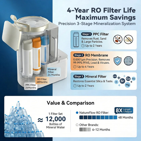 Sistem de purificare a apei NatureFlow Y6 Ultra, 5 litri, apă caldă și rece, filtrare în 10 etape, osmoză inversă, alb/auriu