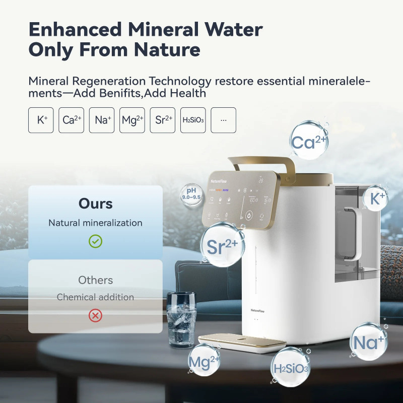 Sistem de purificare a apei NatureFlow Y6 Ultra, 5 litri, apă caldă și rece, filtrare în 10 etape, osmoză inversă, alb/auriu