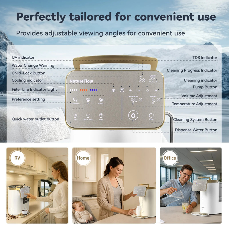 Sistem de purificare a apei NatureFlow Y6 Ultra, 5 litri, apă caldă și rece, filtrare în 10 etape, osmoză inversă, alb/auriu