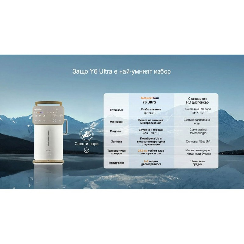 Sistem de purificare a apei NatureFlow Y6 Ultra, 5 litri, apă caldă și rece, filtrare în 10 etape, osmoză inversă, alb/auriu