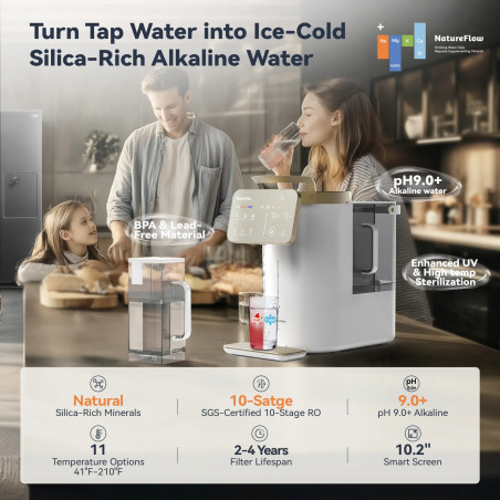 Sistem de purificare a apei NatureFlow Y6 Ultra, 5 litri, apă caldă și rece, filtrare în 10 etape, osmoză inversă, alb/auriu