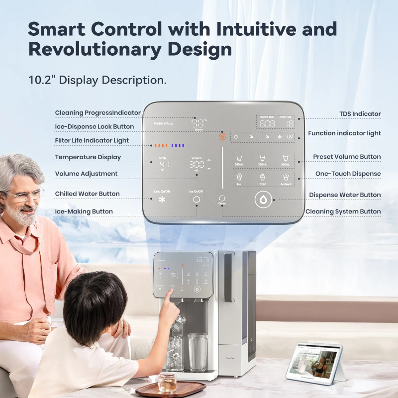 Sistem de purificare a apei NatureFlow I4, 4,8 litri, apă rece și cuburi de gheață, filtrare în 10 etape, osmoză inversă, alb/gri