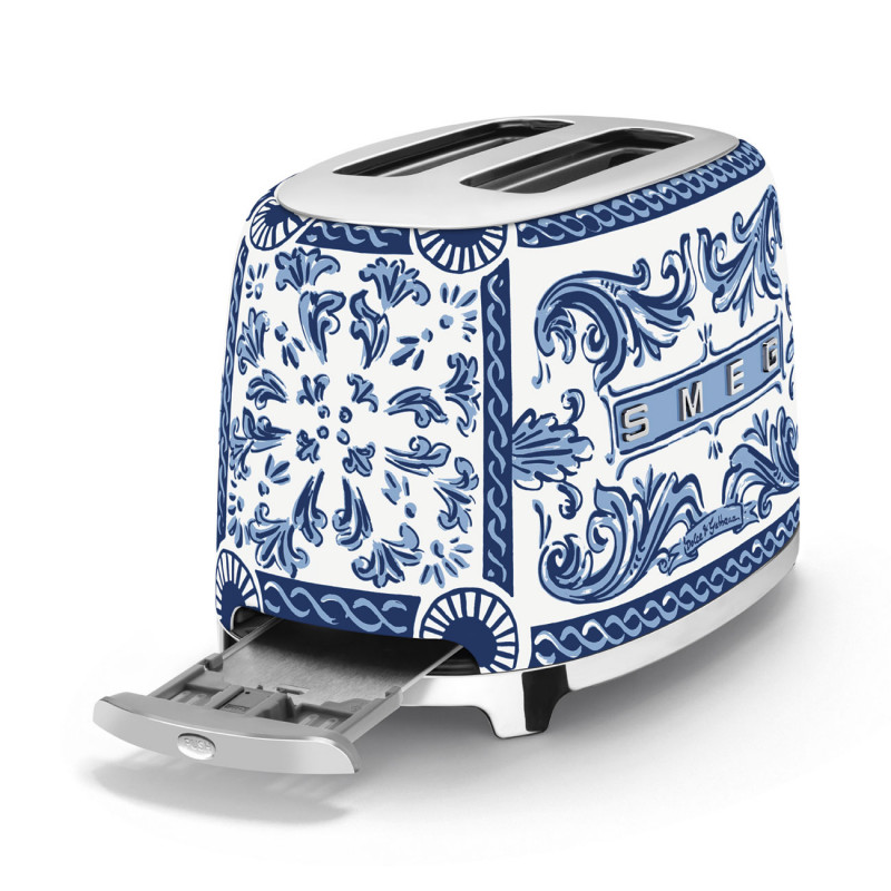 Prăjitor de pâine SMEG Dolce & Gabbana Blu Mediterraneo TSF01DGBEU, 950 W, 2 felii, 6 niveluri, Tava pentru firimituri, Cablu integrat, Oțel inoxidabil, Albastru