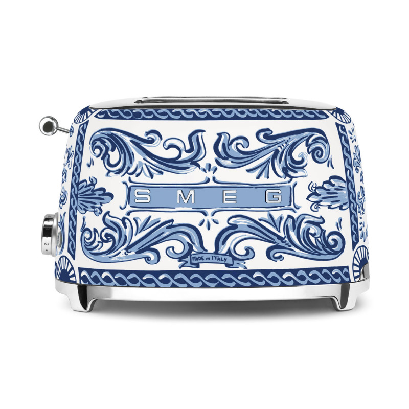 Prăjitor de pâine SMEG Dolce & Gabbana Blu Mediterraneo TSF01DGBEU, 950 W, 2 felii, 6 niveluri, Tava pentru firimituri, Cablu integrat, Oțel inoxidabil, Albastru